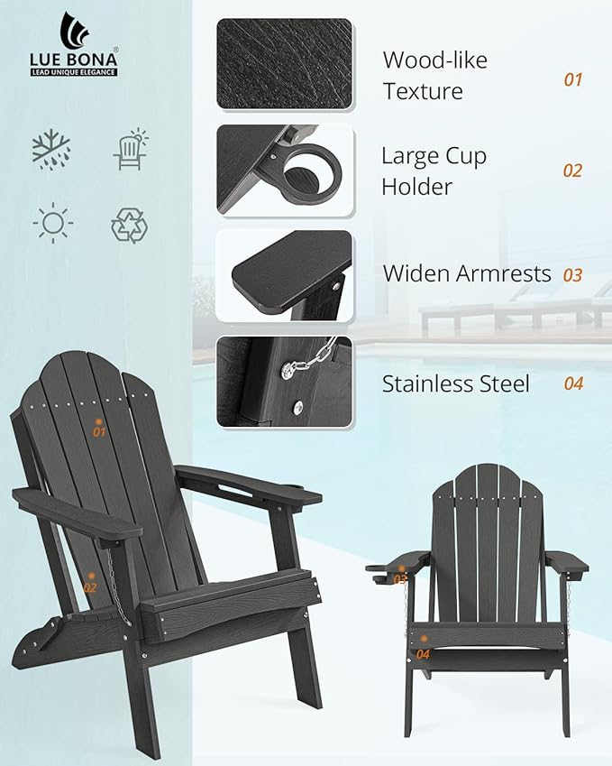LUE BONA Folding Adirondack Chair, Chairs Set of 4, Cup Holder, Woodgrain, Fire Pit, Patio, Pool, Black