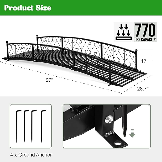 Metal Garden Bridge 8 FT, Durable Decorative Footbridge with Siderails Large Outdoor Bridges, Weight Capacity 770 lbs for Backyard, Creek, Lawn, Stream