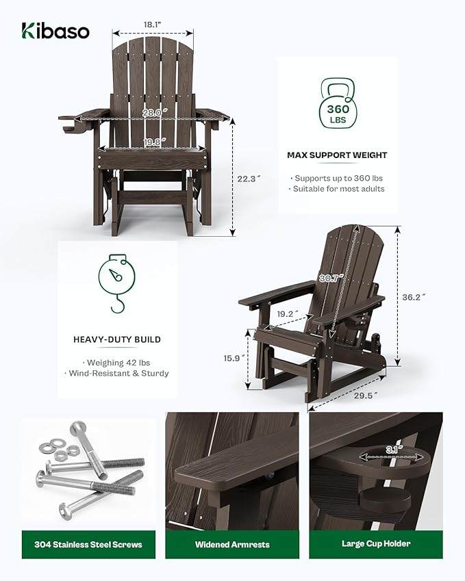 3-Position Adjustable Adirondack Chair with Cup Holder, HDPE All-Weather Outdoor Glider Chair, Wood-Grain Fire Pit Chairs for Pool, Yard, Deck (Coffee Brown)