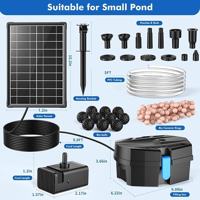 POPOSOAP Solar Fountain Pump with Pond Filter Kit, 8W Solar Pond Pump with Pond Filter Box, Pond Filter for Outdoor Pond Garden Fountain Waterfall DIY Water Feature-P3081