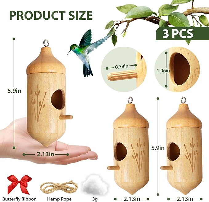 Hummingbird House, Wooden Hummingbird Houses for Outside Hanging, Humming Bird Nest Swinging, Wooden Bird Houses with Cotton, Bow, String, Gardening Gifts Decoration (3 Pack)