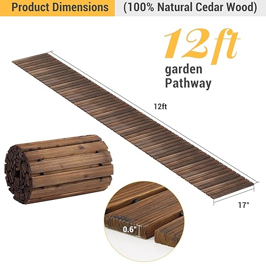 12FT Straight Wooden Garden Pathway Walkway Outdoor Roll Out Decorative Garden Non-Slip Patio Path Decorative Boardwalk Outdoor Road Floor for Backyard Beach Wedding Party
