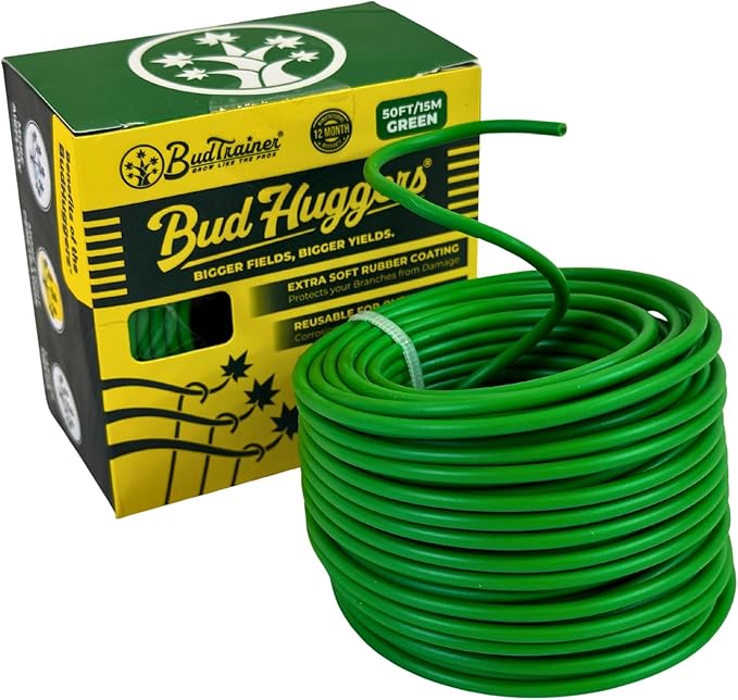 BudHuggers for Optimal Plant Training | 50ft (15M) | 3mm Thick Garden Wire Ties | Flexible & Durable | Rubber Plant Ties to Yield Bigger Buds, Stronger Branches & Larger Canopies | Reusable
