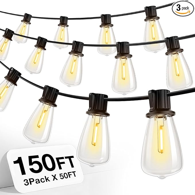 addlon 150 FT (3x50FT) Outdoor String Lights,Waterproof Patio Lights ETL Listed with 45+3 Shatterproof Dimmable ST38 LED Bulbs,2200K Connectable Outdoor Lighting for Backyard Bistro Garden