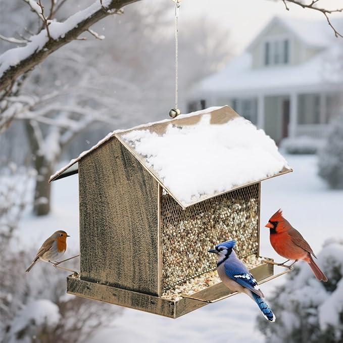 Bird Feeder, Heavy Duty Metal Wild Birdfeeder with Buckle for Outdoor Garden Yard Outside Hanging, House Shape Large Capacity