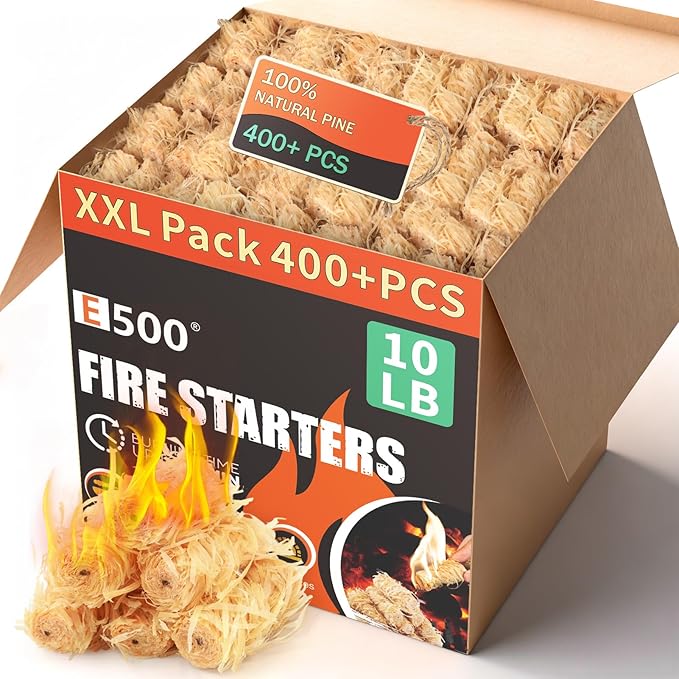 E500 Fire Starter - 400+pcs Natural Pine Fire Starters for Fireplace, Campfires, Fire Pit, BBQ, Pellet Stove, Wood, Pizza Oven - Chimney Charcoal Starter for Grill, 10lb Large Box, Quick Ignite