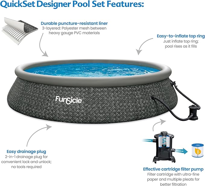 Funsicle Quickset 15ft x 36in Round Inflatable Above Ground Swimming Pool with Filter Pump – Easy Setup with Top Ring Design