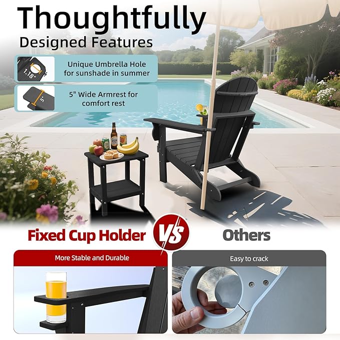 Folding Adirondack Chair, HDPE Plastic Black Adirondack Chairs Weather Resistant, Oversized Outdoor Fire Pit Chairs with Cup Holder and Umbrella Hole for Patio Garden, Lawn and Poolside