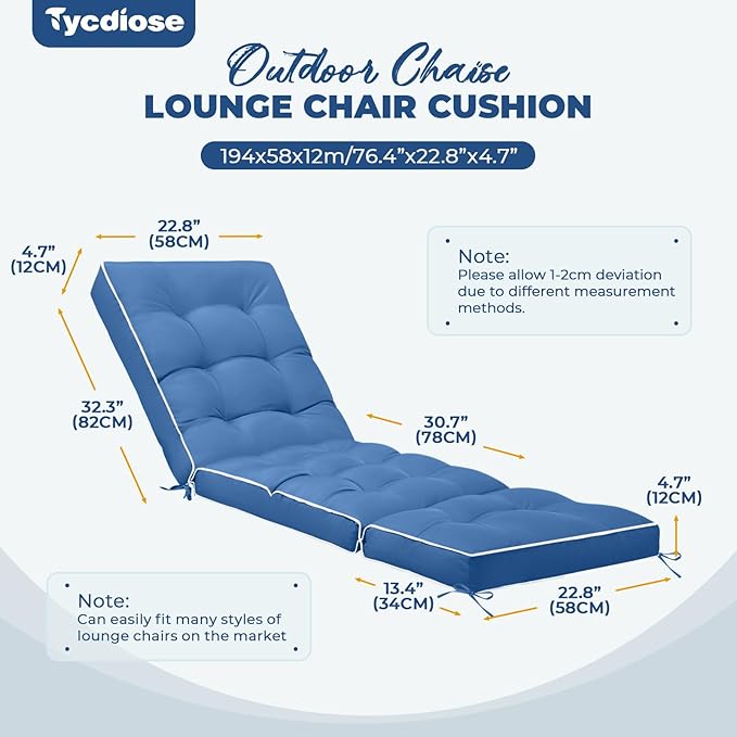 Outdoor Chaise Lounge Chair Cushion, Waterproof Non-Slip Patio Chaise Lounge Cushions for Outdoor Furniture, Thickened Patio Pool Lounger Chair Cushion, 76.4 x 22.8 x 4.7 Inches, Royal Blue