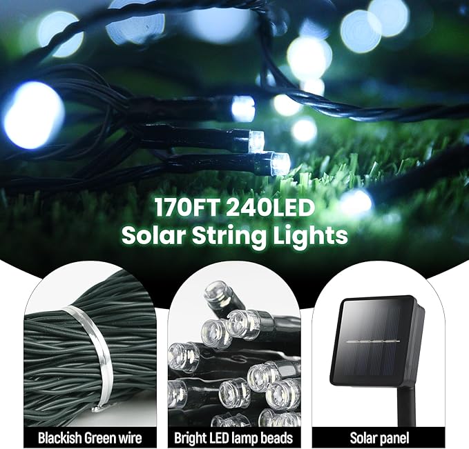 Dailyart Solar String Lights Outdoor, 2 Pack 240 Led Solar Fairy Lights for Outside Waterproof 170ft Cool White Solar Lights 8 Lighting Mode Solar String Lights for Outside,Garden,Courtyards,Trees