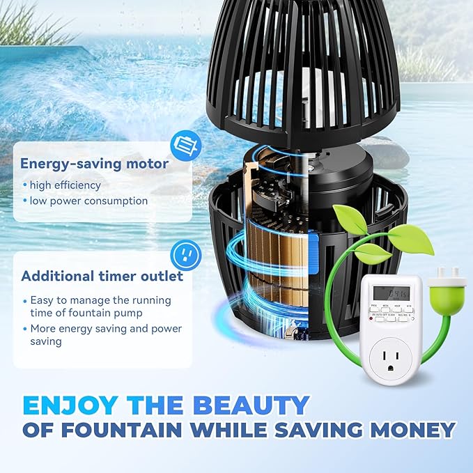 Poafamx Pond Fountain Aerator, 5000GPH Floating Fountain Pump for Large Pond, 33FT Power Cord Pond Aerator with Mooring Kit and Outlet Timer 110V for Pond Pool Lake Aquascape Oxygenation