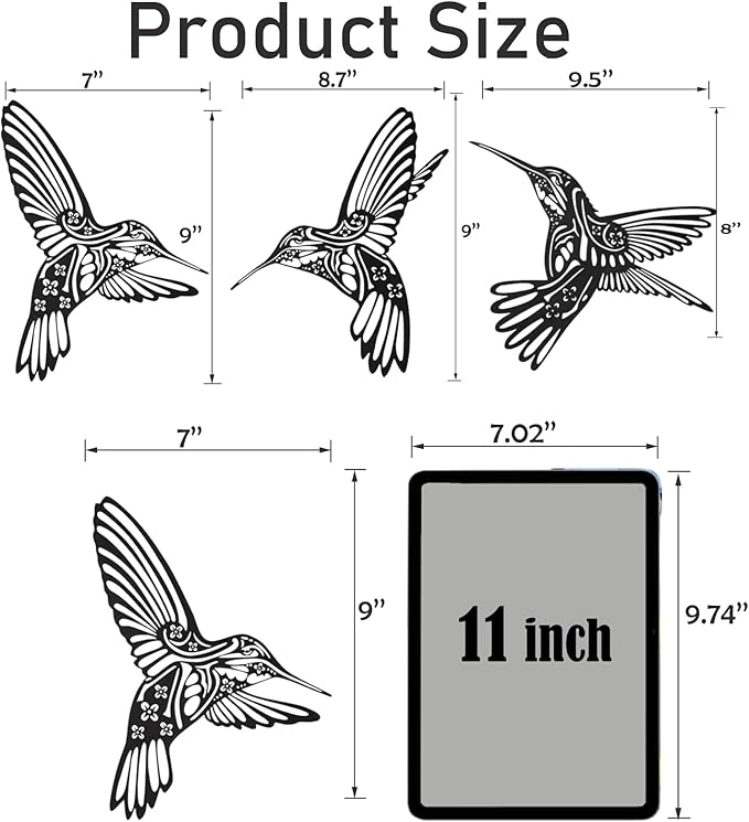 QZGXDECO Set of 3 Metal Hummingbird Wall Decor, 3D Iron Bird Wall Art for Outdoor Garden Fence, Patio & Yard Decorations, Large Hanging Sculptures for Living Room & Home, Gifts for Bird Lovers