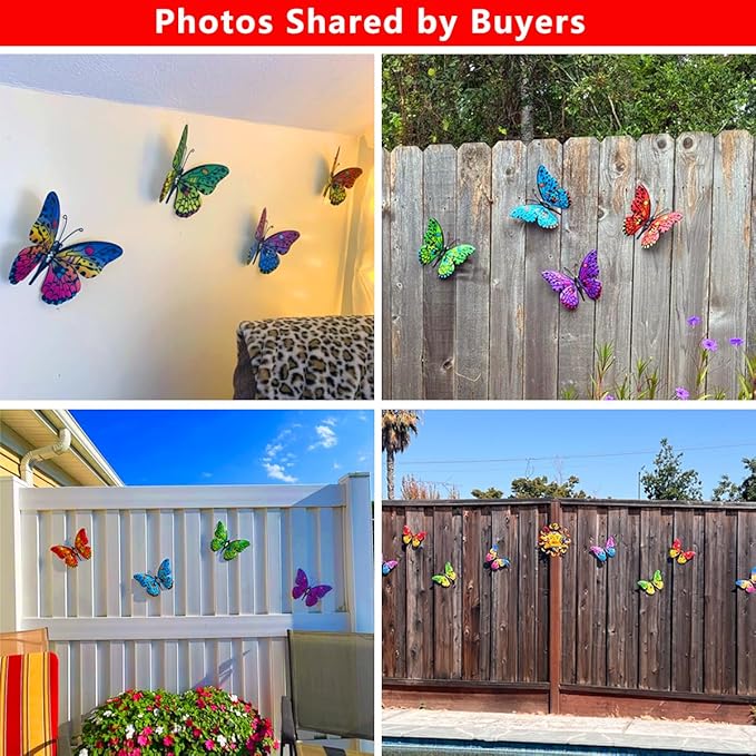 Metal Butterfly Wall Decor - 9.6" Outdoor Fence Wall Art Decor, Hanging Decoration for Garden Yard Living Room Bedroom Patio Balcony(4 Pack)