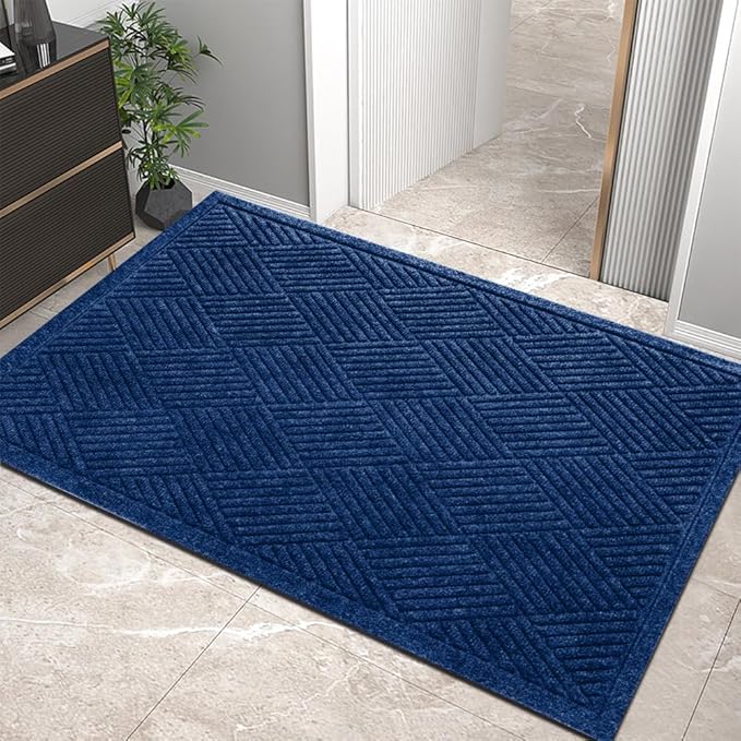 Sturdy Front Door Mat, Absorbent Muddy Dirt Resist Welcome Door Mats Outdoor Indoor, Stain and Fade Resistant, Non-Slip Rubber Backing Low Profile Doormat for Entryway, 36×24, Blue