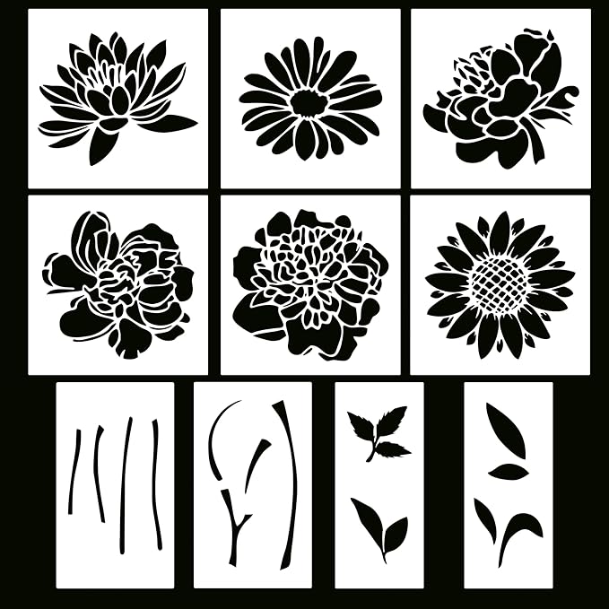 Large Flower Stencils Set, 12 x 12 Inch, 10 Pieces, DIY Art Templates for Walls, Wood, Fabric, Garden