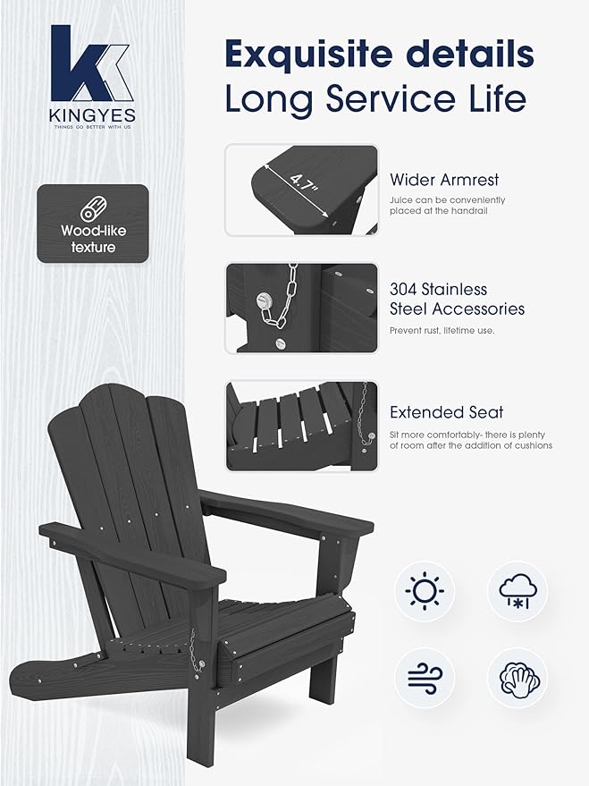 KINGYES Folding Adirondack Chair Set of 8, HDPE All-Weather Folding Adirondack Chair, Grey