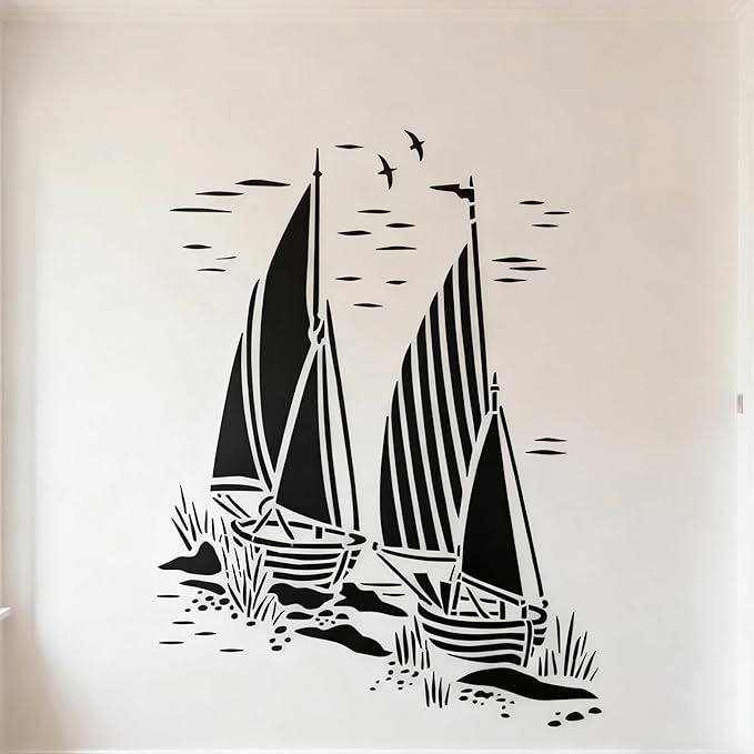 TIAMECH A4 Reusable Sailboat Stencil for Painting - Nautical Navy Sail Seagull Layering Template, DIY Wall Art, Wood Furniture, Scrapbook & Crafts (8.3x11.7inch)