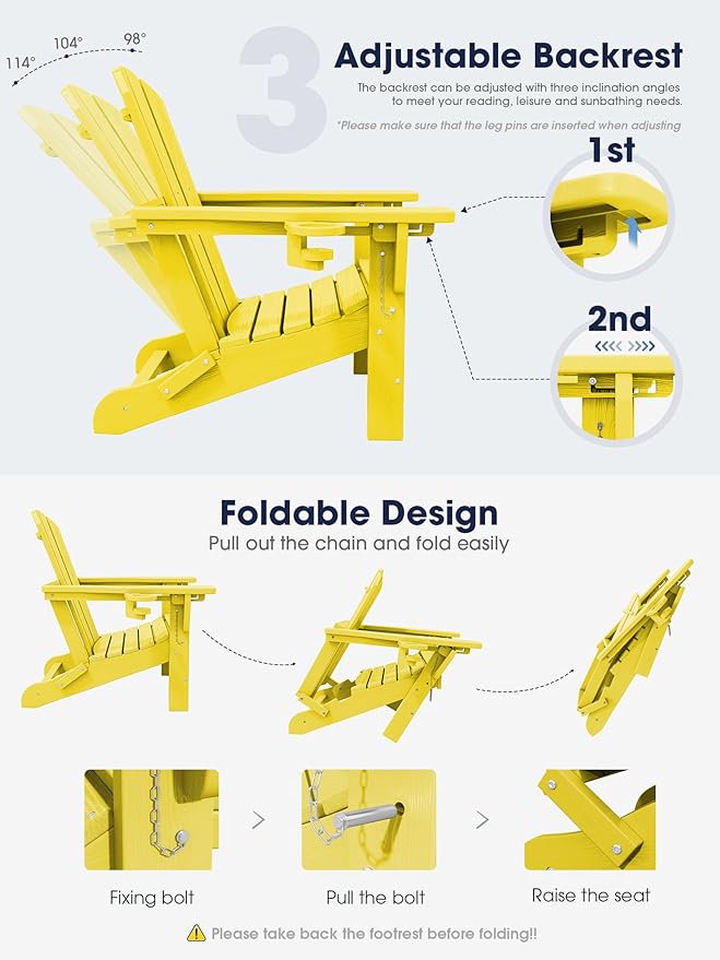 KINGYES Folding Adjustable Adirondack Chair with Ottoman & 2 Cup Holders, HDPE Adirondack Recliner Chair with Footrest, Yellow