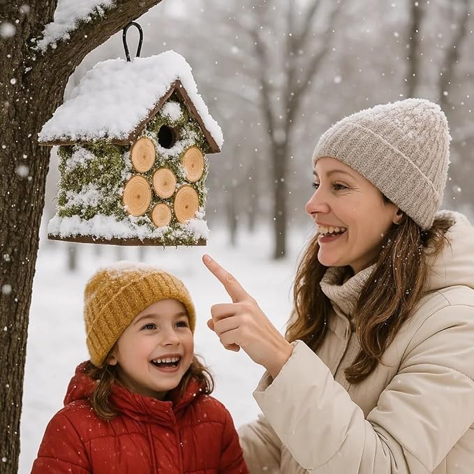 Spring Wren Bird House for Outside - Hard Wood Bird HouseNest Box for Outdoor - Moss Bird House with Cedar Rings- Gifts for Nature Lovers - Pole Mountable Bird House - 1.125" Entrance