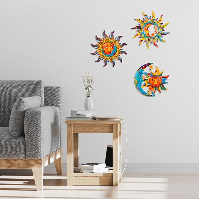 dreamskip 3 Pack Sun and Moon Wall Decor, Hanging Sun Moon & Stars Metal Wall Art, Sun Face Outdoor Wall Decor for Garden Fence Patio Yard Living Room Bedroom Decorations