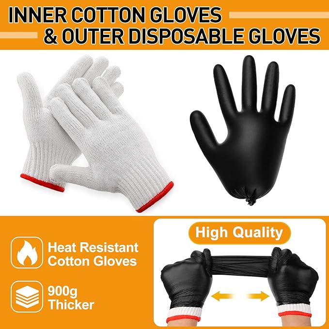 Janmercy 200 Pcs Disposable BBQ Nitrile Gloves with 4 Pairs Cotton Liners Grilling Cooking Cleaning Gloves for Smoker Meat(Large,Black, White)