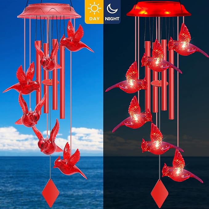 Solar Wind Chimes for Outside - 37" WANQDG 6 LED Cardinal Bird Wind Chime Light with 4 Red Metal Tube, Music Wind Chimes Great as a Gift for Women mom Grandma Best Friends' Birthday Gift