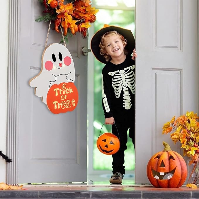 DERAYEE Halloween Door Sign with Light, Haing Ghost Door Decor LED Trick or Treat Hanger Wreath Halloween Outdoor Indoor Decorations
