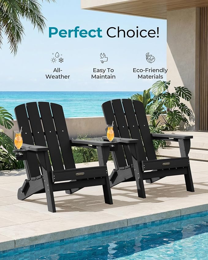 Folding Adirondack Chair 2 Pack, HDPE All-Weather Fire Pit Chairs, Plastic Adirondack Chairs with 2 Cup Holder, Outdoor Lawn Chair for Patio Garden (Black)