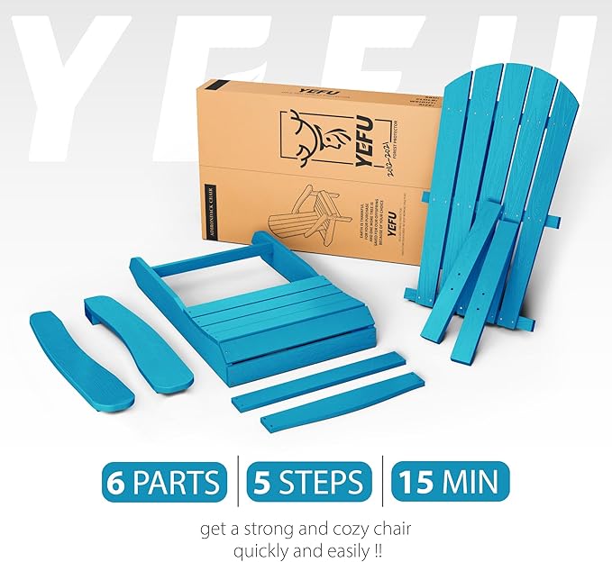 YEFU Adirondack Chairs Set of 4: Outdoor Chair HIPS Plastic Adirondack Chairs - Patio Chairs with Wood Texture - Lawn Fire Pit Deck Porch Garden Chairs for Adults (Pacific Blue)