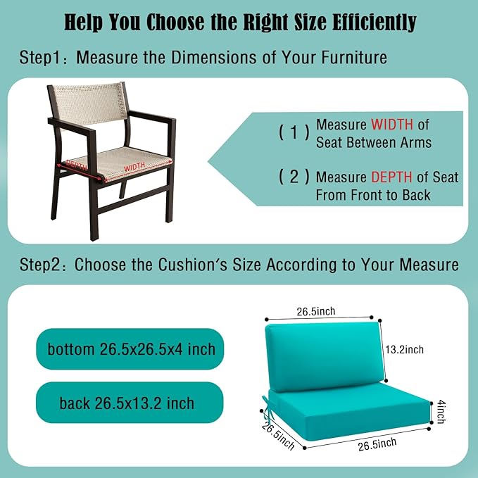 idee-home Outdoor Cushions for Patio Furniture, Outdoor Seat Cushion, Waterproof Hampton Bay Deep Seat Replacement Couch Chair Cushions for Garden Lawn Backyard Deck, 26.5 x 26.5 Peacock Blue