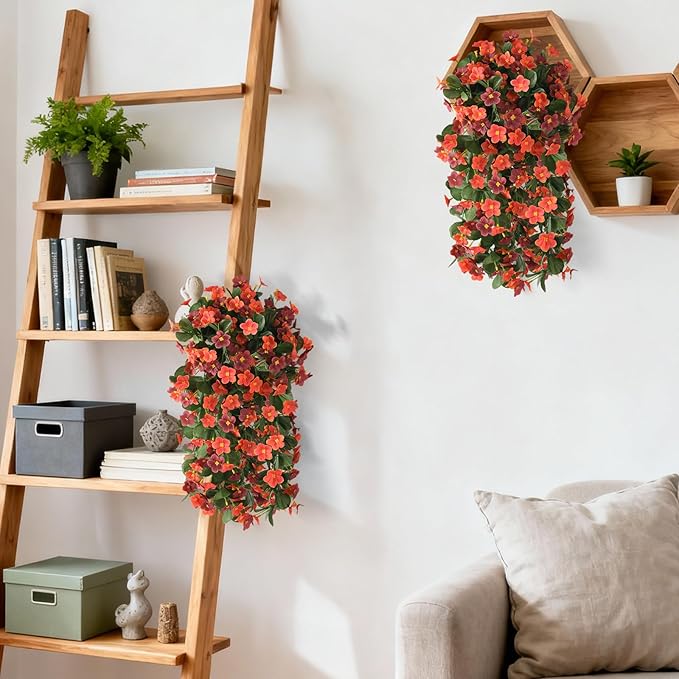 2 Pack Artificial Hanging Flowers, Fake Flowers Hanging Plant Violet Flower, Artificial Faux Silk Spring Flower for Wall Front Door Yard Garden Wedding Outdoor Decoration(Orange Brown)