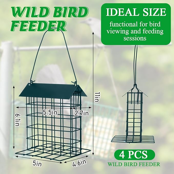 Nuogo 4 Pcs Wild Bird Feeder Squirrel Proof Outdoor Hanging Suet Holder with Metal Roof and Platform Outside Cake Suet Feeder Rainproof Cage for Oriole Hummingbird Chickadee Nuthatch(Dark Green)