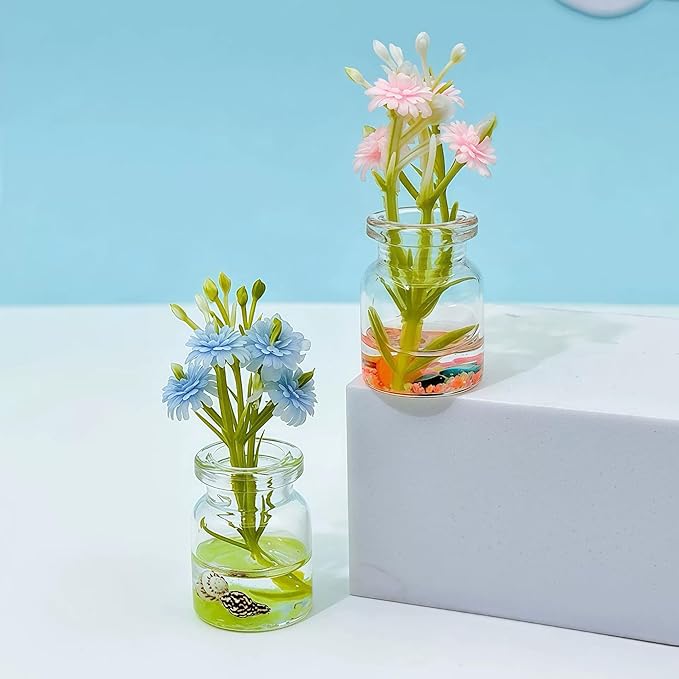 3 Pcs Random Daisy Miniature Glass Flower Vases – Handmade Transparent Luminous 3D Shell Bottle Ornaments for 1:6/1:8 Scale Dollhouse, Fairy Garden, DIY Crafts,Car & Tabletop Decorations (2.3x0.8in)