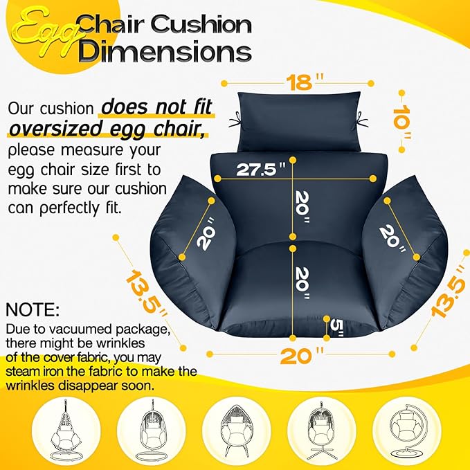 MAGIC ELEPHANT Egg Chair Cushion, Memory Foam Indoor Outdoor Hanging Egg Chair Cushion Replacement, Patio Basket Swing Cushion with Headrest (Blue)