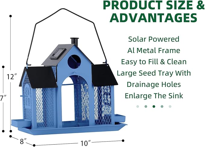 Solar Bird Feeder House for Outside Hanging, Large Capacity Birdhouse Bird Feeders Hanging for Outdoors, Metal Mesh Wild Birdfeeder for Finch Cardinal (Blue and Black)