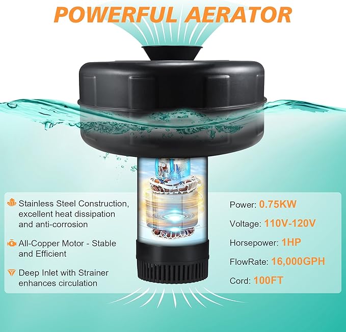 Pond Fountain Aerator, 1HP 16000 GPH 750W 110V/120V Stainless Steel Floating Fountain Pump With 100ft Power Cord & Rope & Timer for Small Large Outdoor Ponds & Lakes