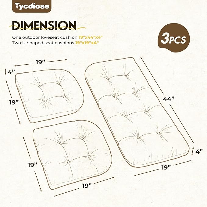 All Weather 3 Pieces Wicker Furniture Chair Cushions, Waterproof Outdoor Wicker Chair Cushion for Patio Furniture Loveseat Settee Bench, 1 Loveseat and 2 U-Shaped Thickened Cushions, Brown