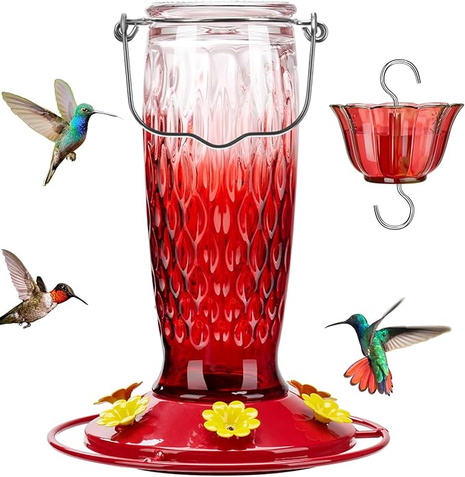 Kingsyard Hummingbird Feeders for Outdoors Hanging, 24 Ounce, Glass Hummingbird Feeder with Ant Moat & 6 Bee Guard Feeding Ports, Leak-Proof, Red Gradient