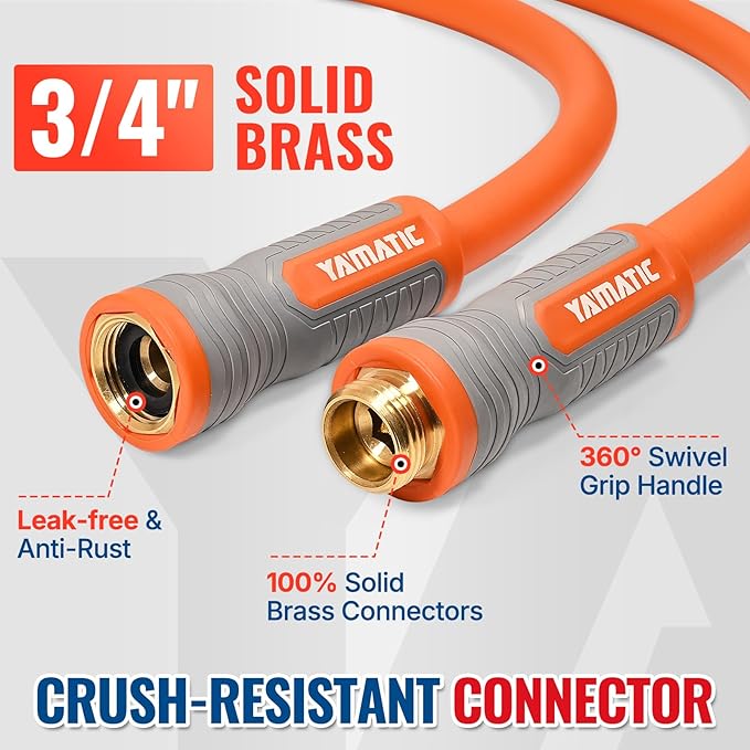 YAMATIC 5/8 in x 10 ft Female-to-Female Short Garden Hose, 2-in-1 Dual Use with Solid Brass Swivel Fitting, All-Weather, 600 PSI Burst