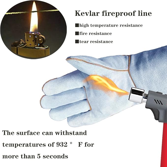 16 "electric welding gloves, Class A cowhide Kevlar thread sewn, 932°F, tear resistant, oven. Grill. Fireplace. Boiler. Stove. Argon arc welding. Wood burning barbecue. Animal handling gloves