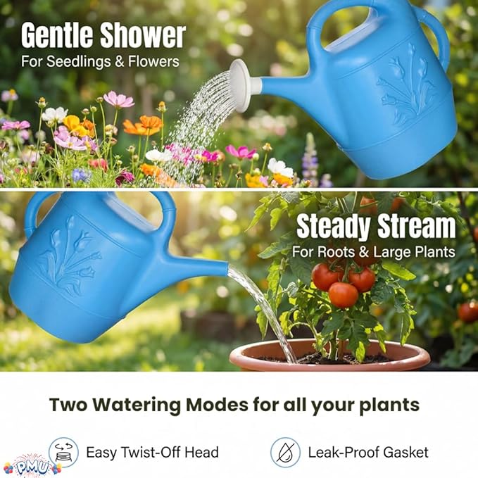 PMU 2 Gallon Watering Can - Garden Watering Can for Indoor & Outdoor Plants - Plastic Water Can with Detachable Sprinkler Head - Large Water Pot, Made in USA - Blue Pkg/1