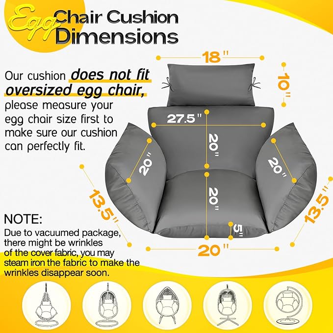 MAGIC ELEPHANT Egg Chair Cushion, Memory Foam Indoor Outdoor Hanging Egg Chair Cushion Replacement, Patio Basket Swing Cushion with Headrest (Grey)