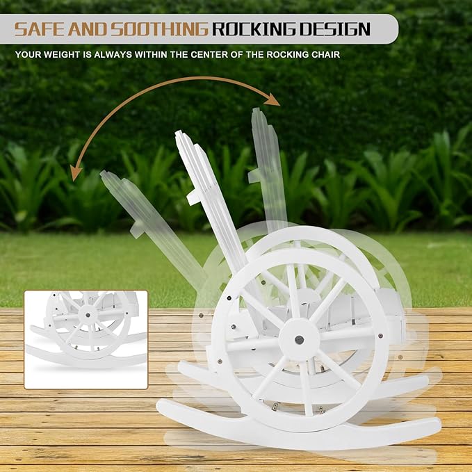 Outvita Adirondack Rocking Chair, Wood Wagon Rocker, Outdoor Wooden Carbonized Lounge Chairs with Wheel Armrest for Garden Patio Country Yard Porch(White)