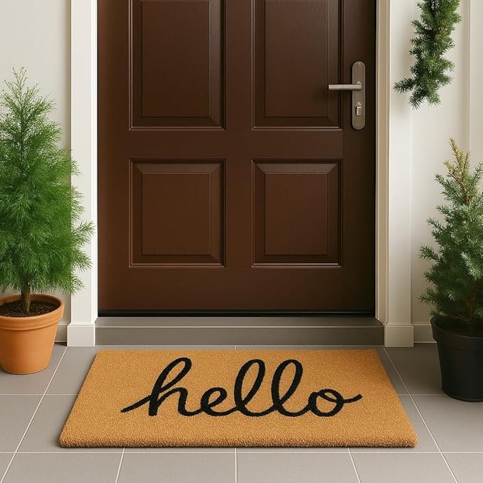 LuxUrux Hello Door Mat Outdoor Coco Coir Doormat, with Heavy-Duty PVC Backing - Natural - Perfect Color/Sizing for Outdoor/Indoor uses. (17 x 30, Script Hello)