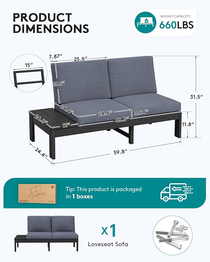 SERWALL HDPE Outdoor Furniture Set, 2 Seats Outdoor Sectional with Coffee Table, All Weather Patio Sofas, Outdoor Conversation Sets with Adjustable Backrest Sofa for Backyard, Garden, Black with Grey