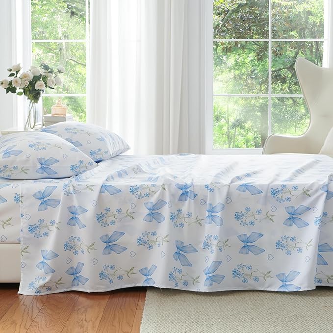 Blue Bow Sheet Set Queen Garden Floral Fitted Sheet Set for Girls Kids Soft Microfiber Fitted Flat Sheets & Pillowcases Cute Princess Style Bowknot Bedding Sets Toddlers 4 Pieces