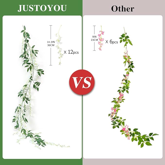 JUSTOYOU 3PCS 7FT 12 Stem Artificial Wisteria Vine Garland Fake Flower Wisteria Garlands for Outdoor Indoor Wedding Wall Badroom Decoration(White)