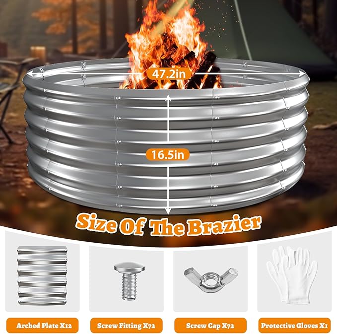 Metal Fire Pit Ring/Bonfire Fire Ring- 48 Inches Diameter, 0.7 MM Thick,1.5 ft High, Durable and Stylish for Outdoor Fire Pits,Patios and Camping (Silver, 4X4X1.5 ft)