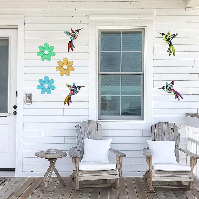 WHBIMGOOO 4 Pack Metal Hummingbird Wall Art Decor, 3D Colorful Birds Outdoor Sculpture for Garden Fence, Backyard, Outdoor Wall, Patio and Balcony, Great Gifts for Family Friends
