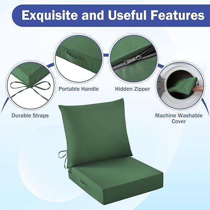 Outdoor Seat Cushion Set, Waterproof & Fade Resistant Patio Chair Cushions, Outdoors Cushion for Patio Furniture, 24 x 24 x 5.75 Inch, Outdoor Couch Cushions with Handle and Ties,ForestGreen
